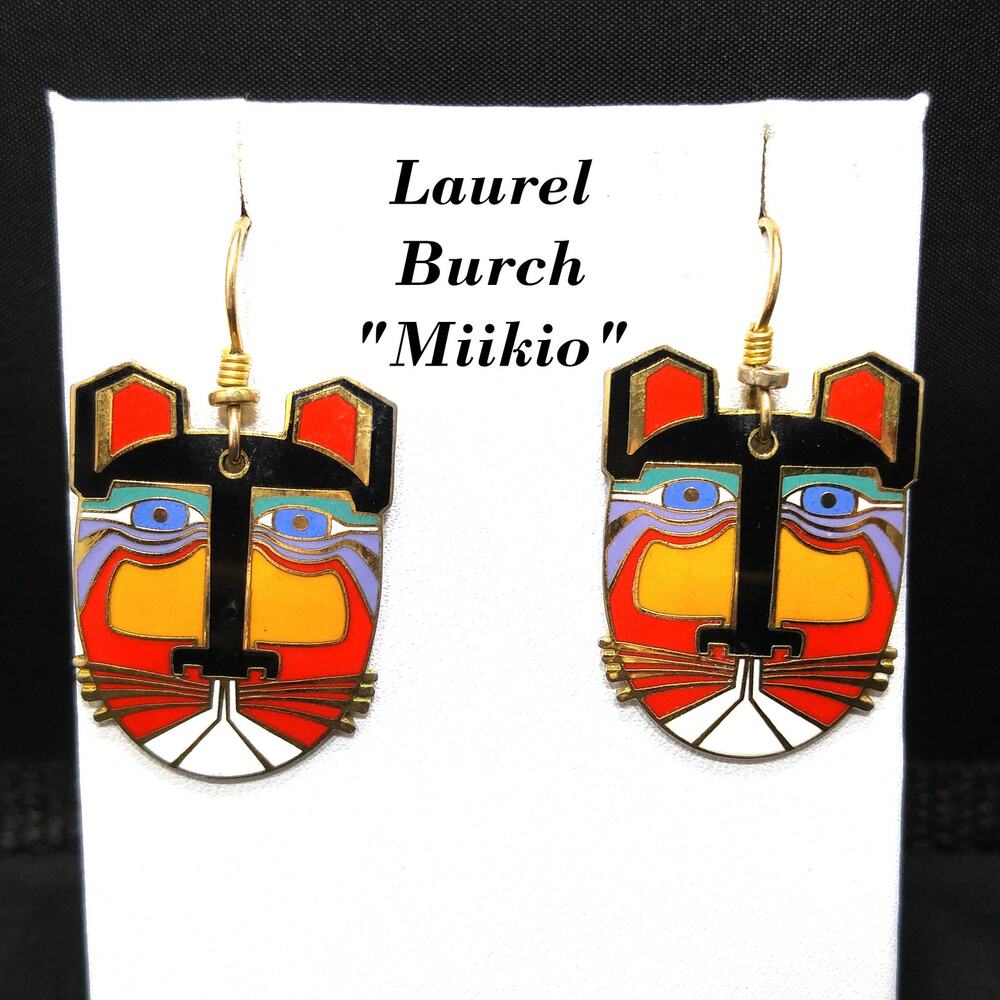 Laurel Burch "Miikio" Earrings, Gold Plated Enamel Large Cat Faces, 1980s